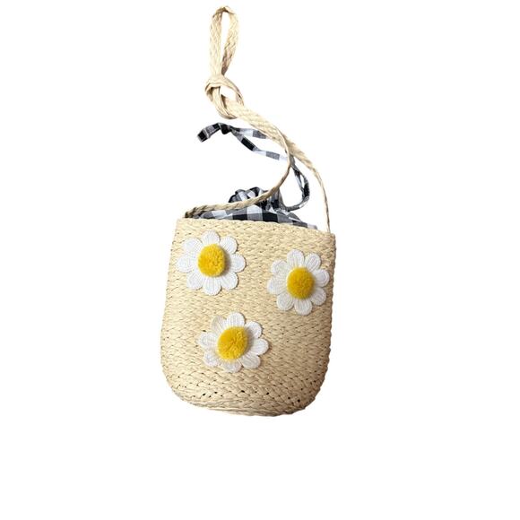 Straw Daisy Crossbody Bag with Gingham Lining — Boho Cottagecore Small purse - Picture 1 of 2